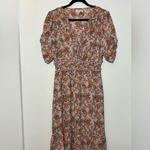 Floral Print Midi Dress with Puff Sleeves